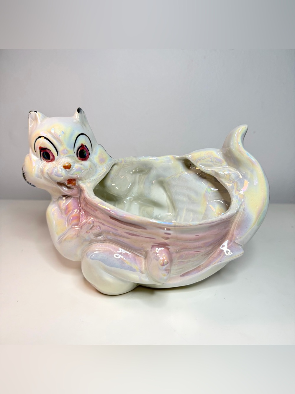 1950s Iridescent large Ceramic Kitten Planter